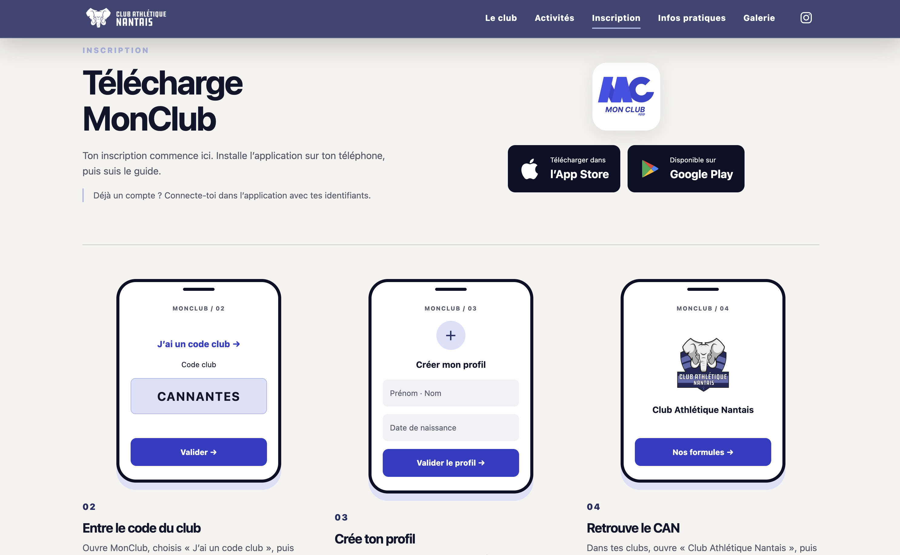 Page d’inscription du site du Club Athlétique Nantais présentant l’application MonClub