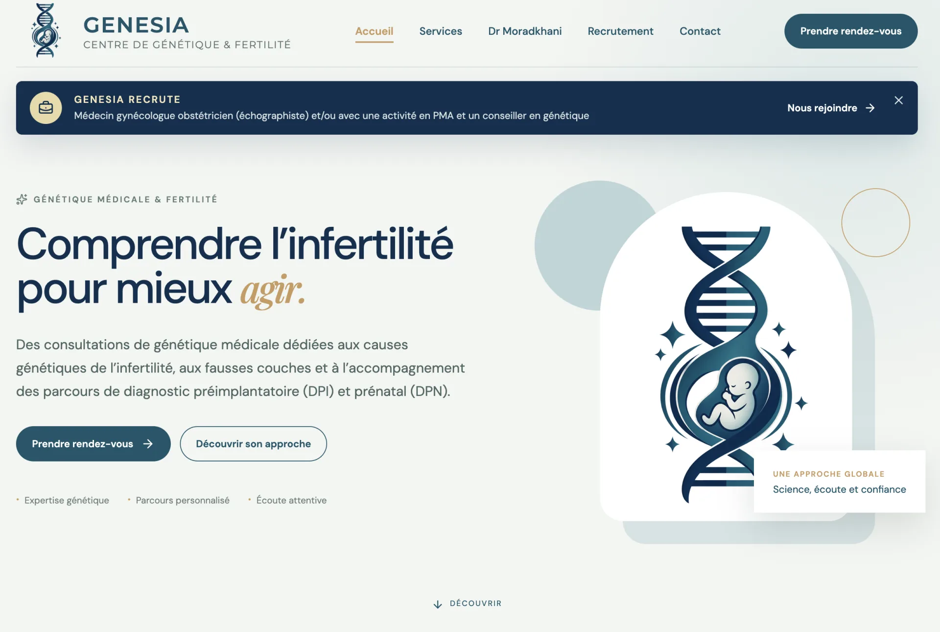 Page d’accueil du site GENESIA présentant le centre de génétique et fertilité